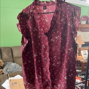 SHEIN Burgundy Floral Ruffle Blouse